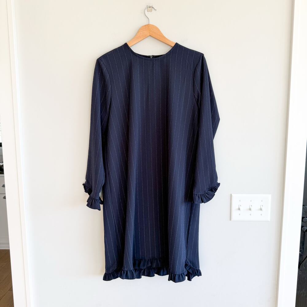 GANNI Clark Bateau Neckline Striped Ruffle Trim Long Sleeve Dress Navy White 42